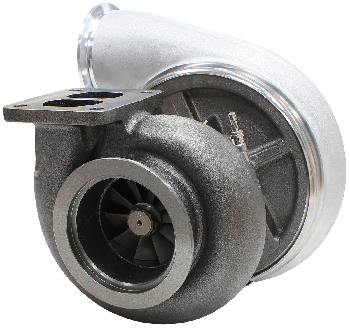 BOOSTED 7575 T4 1.10 Turbocharger 1050HP, Natural Cast Finish   External Wastegate, T4 Twin Entry Inlet Flange, V-Band Exhaust Flange