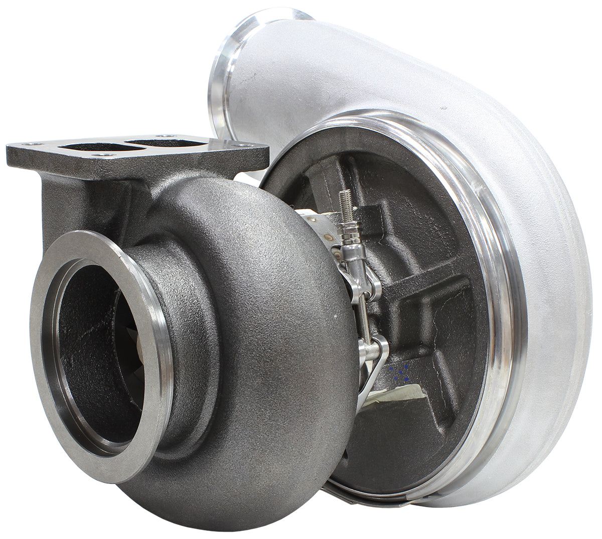 BOOSTED 7575 T4 1.10 Turbocharger 1050HP, Natural Cast Finish   External Wastegate, T4 Twin Entry Inlet Flange, V-Band Exhaust Flange