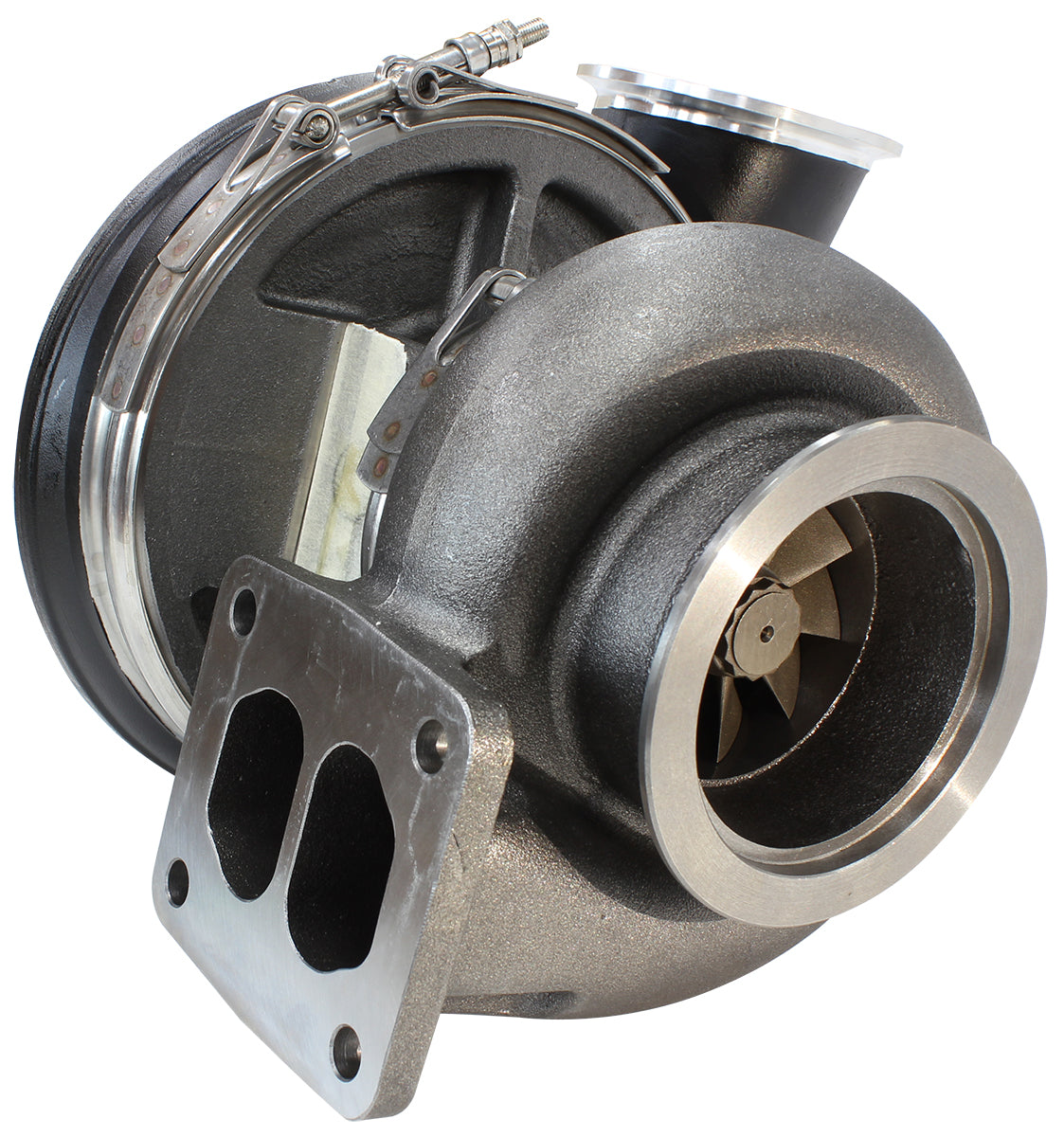 BOOSTED 8075 T4 1.10 Turbocharger 1250HP, Hi Temp Black Finish   External Wastegate, T4 Twin Entry Inlet Flange, V-Band Exhaust Flange