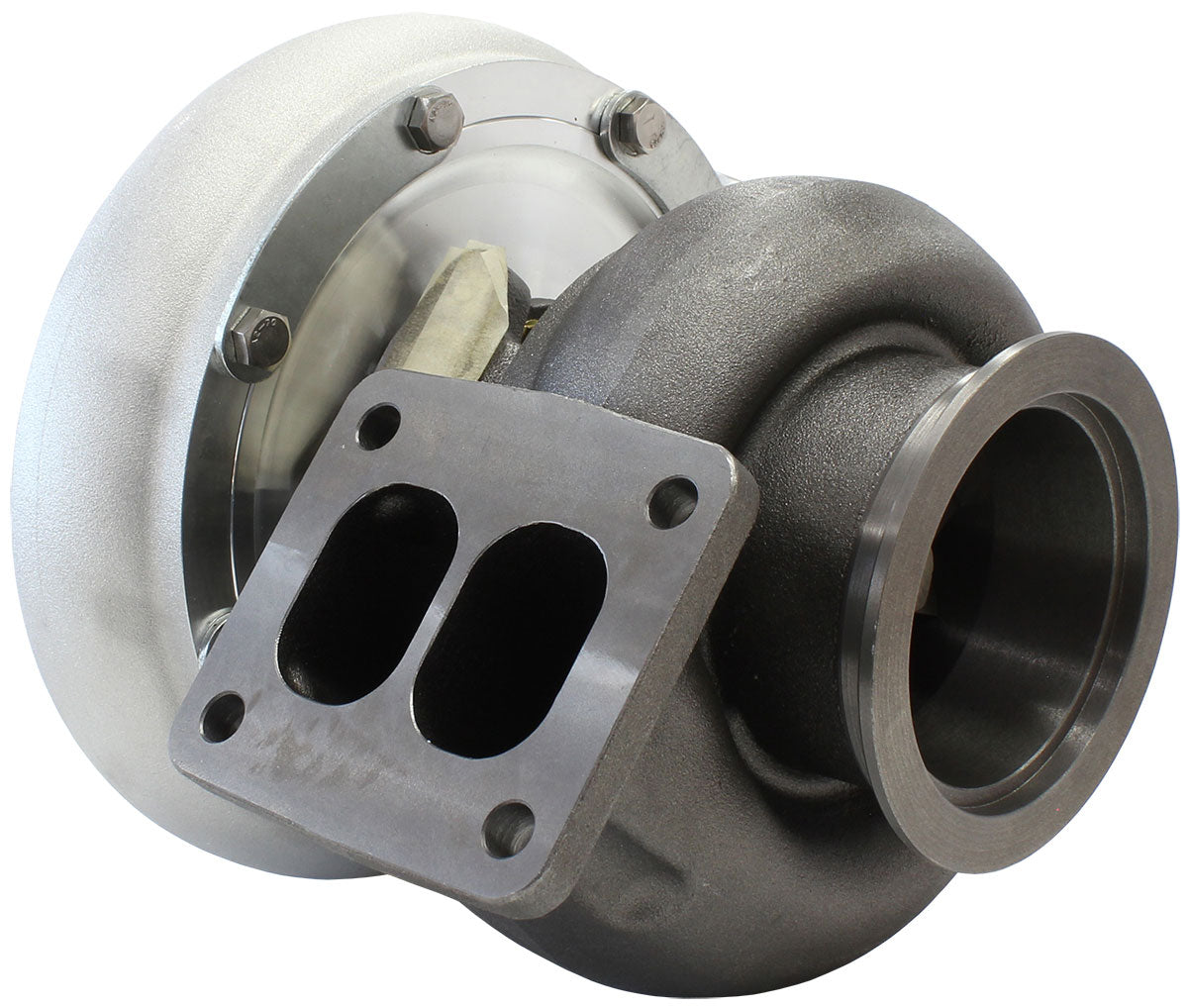 BOOSTED B7875 T4 1.25 Turbocharger 1150HP, Natural Cast Finish   External Wastegate, T4 Twin Entry Inlet Flange, V-Band Exhaust Flange