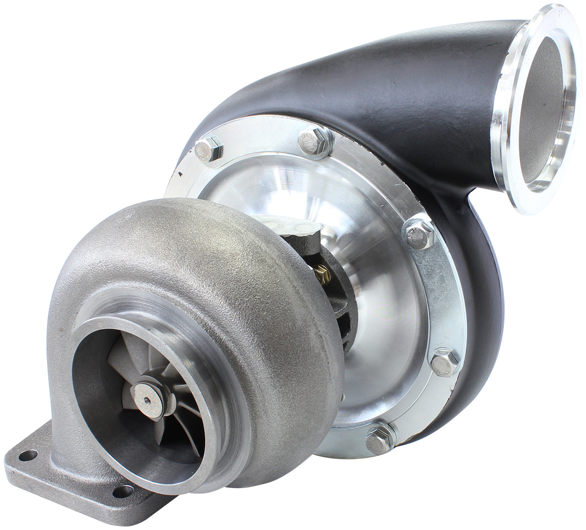 BOOSTED B7875 T4 .96 Reverse Rotation Turbocharger 1150HP, Hi Temp Black Finish   External Wastegate, T4 Twin Entry Inlet Flange, V-Band Exhaust Flange
