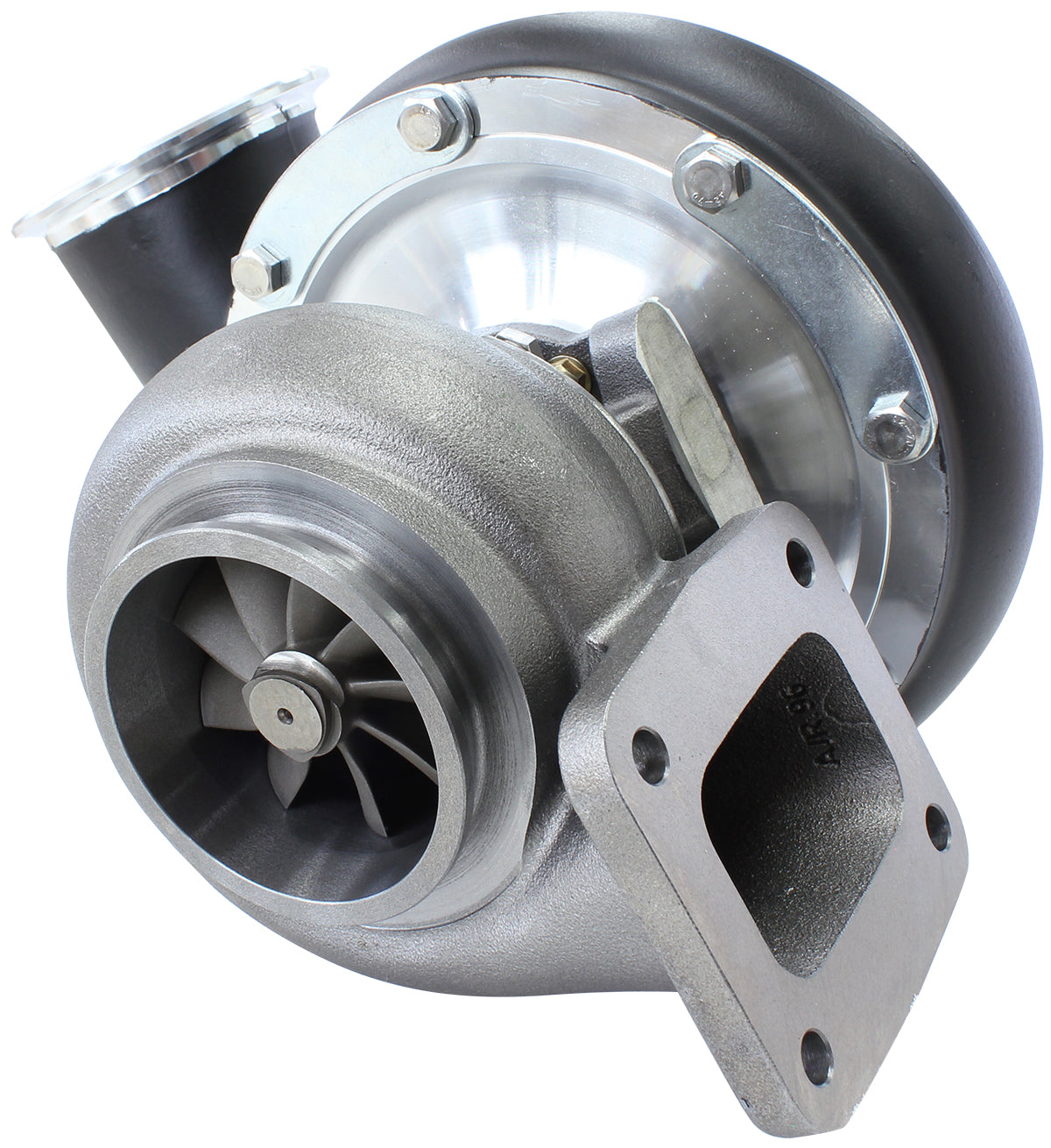 BOOSTED B7875 T4 .96 Reverse Rotation Turbocharger 1150HP, Hi Temp Black Finish   External Wastegate, T4 Twin Entry Inlet Flange, V-Band Exhaust Flange