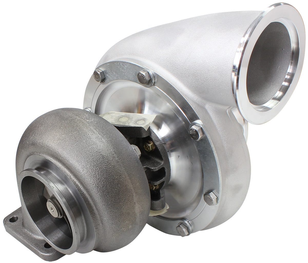 BOOSTED B7875 T4 .96 Reverse Rotation Turbocharger 1150HP, Natural Cast Finish   External Wastegate, T4 Twin Entry Inlet Flange, V-Band Exhaust Flange