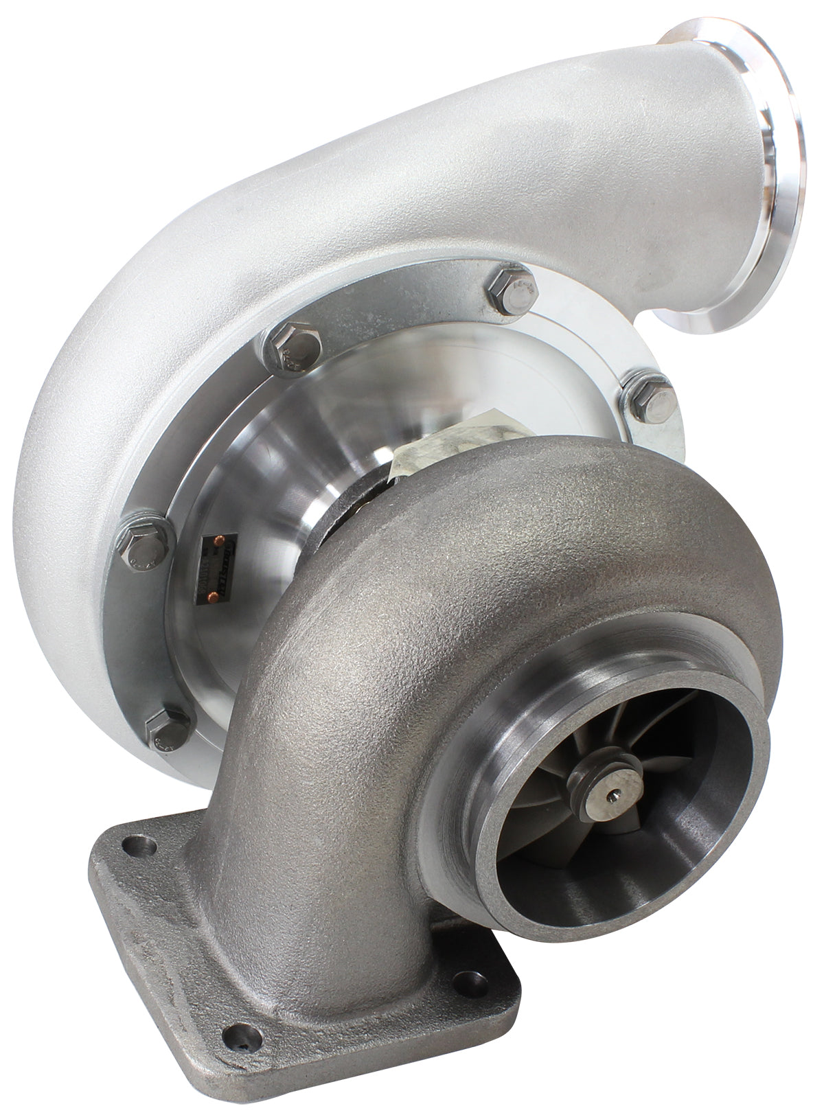 BOOSTED B7875 T4 .96 Reverse Rotation Turbocharger 1150HP, Natural Cast Finish   External Wastegate, T4 Twin Entry Inlet Flange, V-Band Exhaust Flange