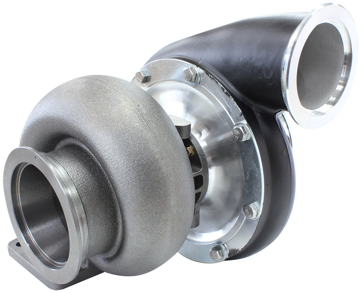 BOOSTED B7875 T4 1.25 Reverse Rotation Turbocharger 1150HP, Hi Temp Black Finish   External Wastegate, T4 Twin Entry Inlet Flange, V-Band Exhaust Flange