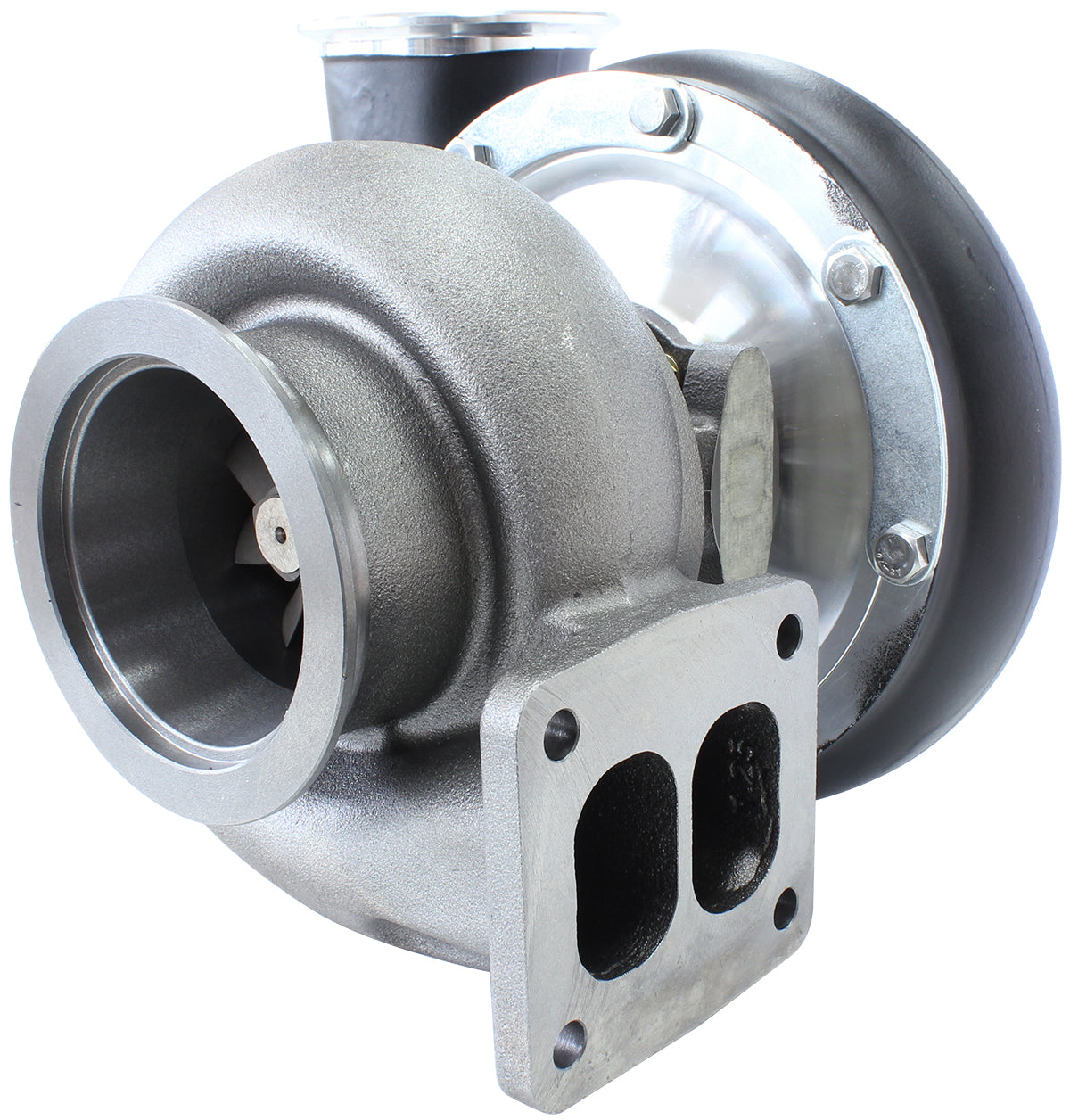BOOSTED B7875 T4 1.25 Reverse Rotation Turbocharger 1150HP, Hi Temp Black Finish   External Wastegate, T4 Twin Entry Inlet Flange, V-Band Exhaust Flange