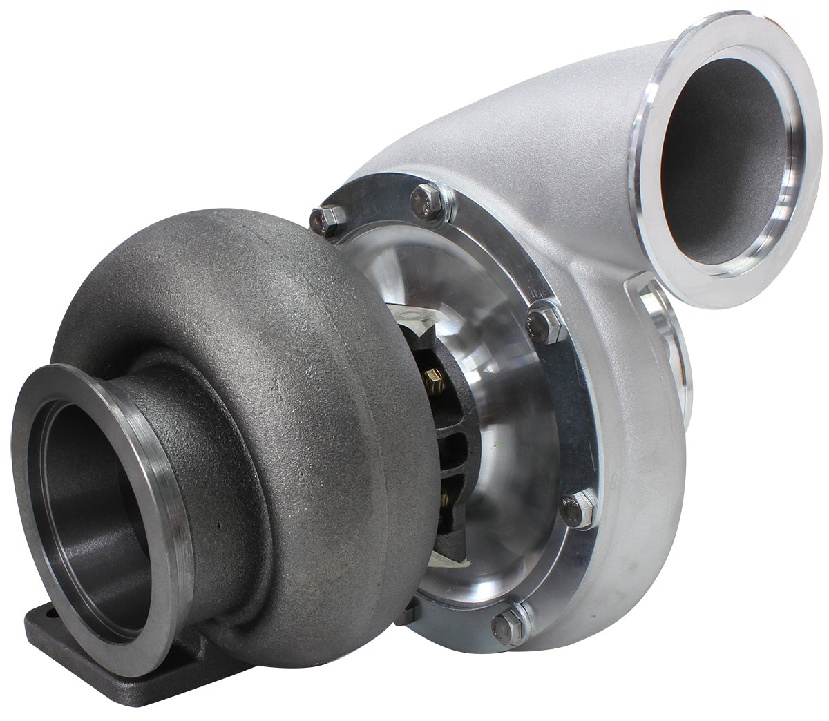 BOOSTED B7875 T4 1.25 Reverse Rotation Turbocharger 1150HP, Natural Cast Finish   External Wastegate, T4 Twin Entry Inlet Flange, V-Band Exhaust Flange