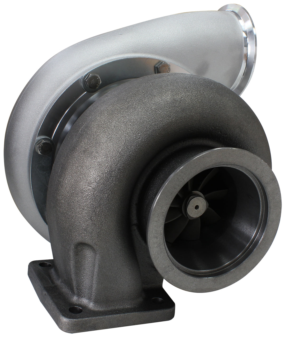 BOOSTED B7875 T4 1.25 Reverse Rotation Turbocharger 1150HP, Natural Cast Finish   External Wastegate, T4 Twin Entry Inlet Flange, V-Band Exhaust Flange
