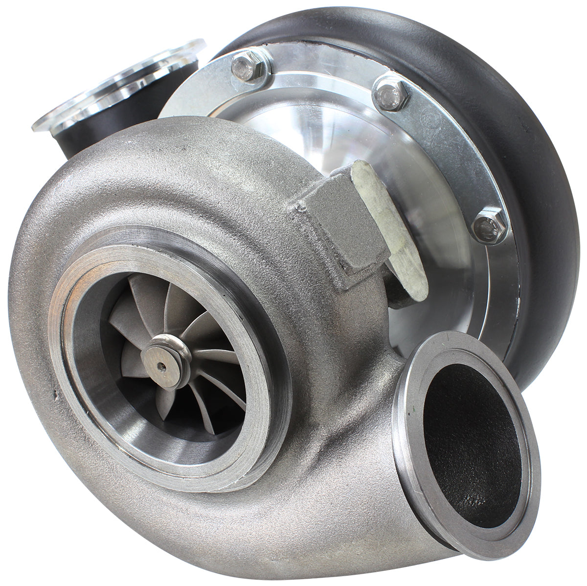 BOOSTED B7875 1.01 Reverse Rotation Turbocharger 1150HP, Hi Temp Black Finish   External Wastegate, V-Band Inlet & Exhaust Flanges
