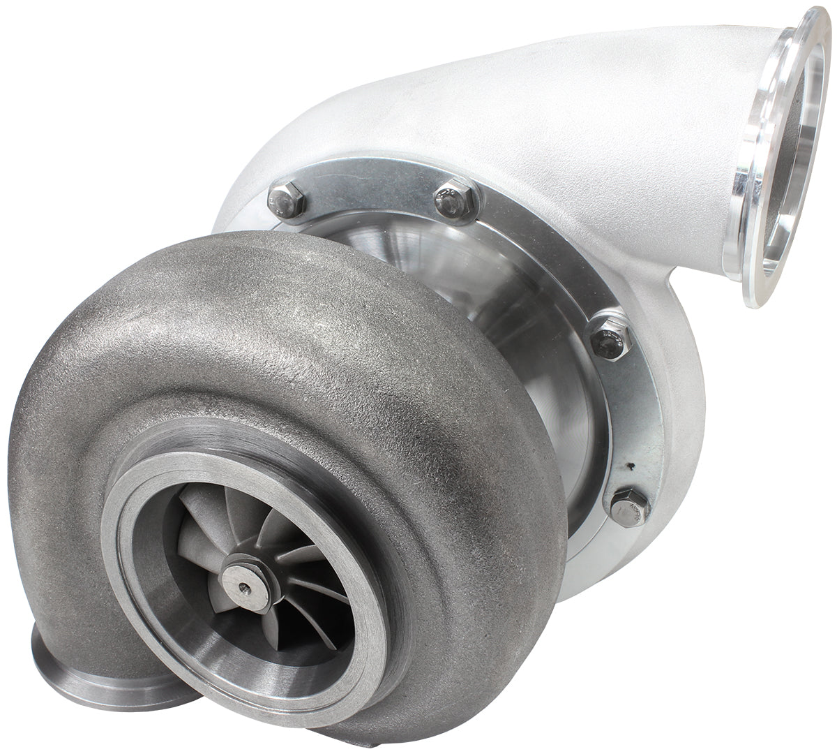 BOOSTED B7875 1.01 Reverse Rotation Turbocharger 1150HP, Natural Cast Finish   External Wastegate, V-Band Inlet & Exhaust Flanges
