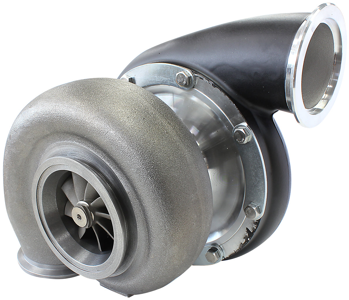 BOOSTED B7875 1.28 Reverse Rotation Turbocharger 1150HP, Hi Temp Black Finish   External Wastegate, V-Band Inlet & Exhaust Flanges