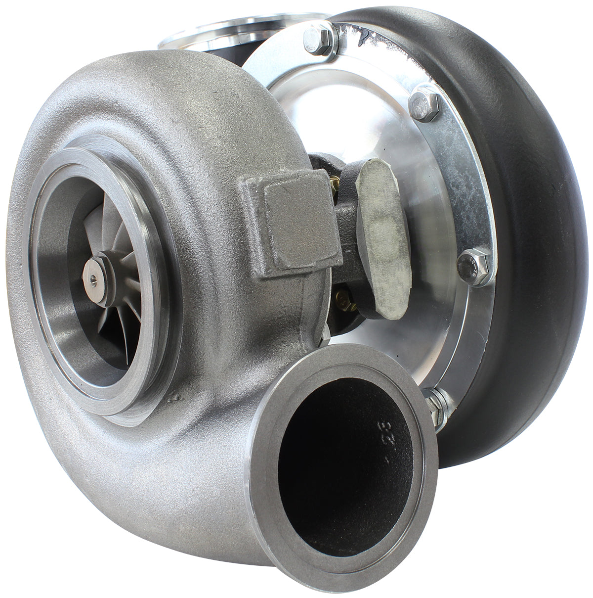 BOOSTED B7875 1.28 Reverse Rotation Turbocharger 1150HP, Hi Temp Black Finish   External Wastegate, V-Band Inlet & Exhaust Flanges