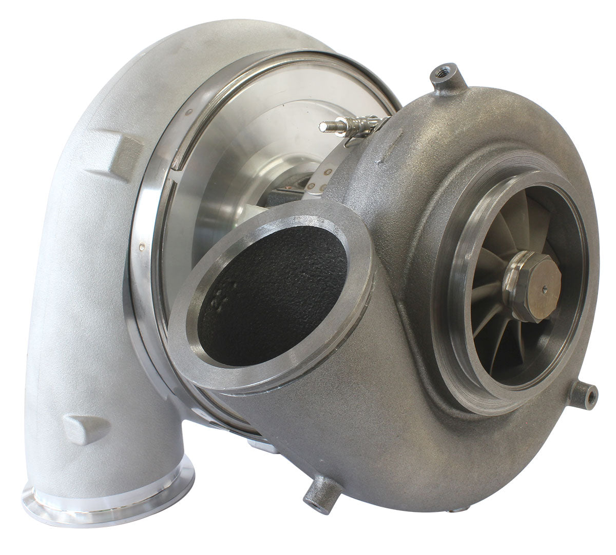 BOOSTED 94102 V-Band 1.22 Turbocharger 2500HP, Natural Cast Finish   External Wastegate, V-Band Inlet & Exhaust Flanges