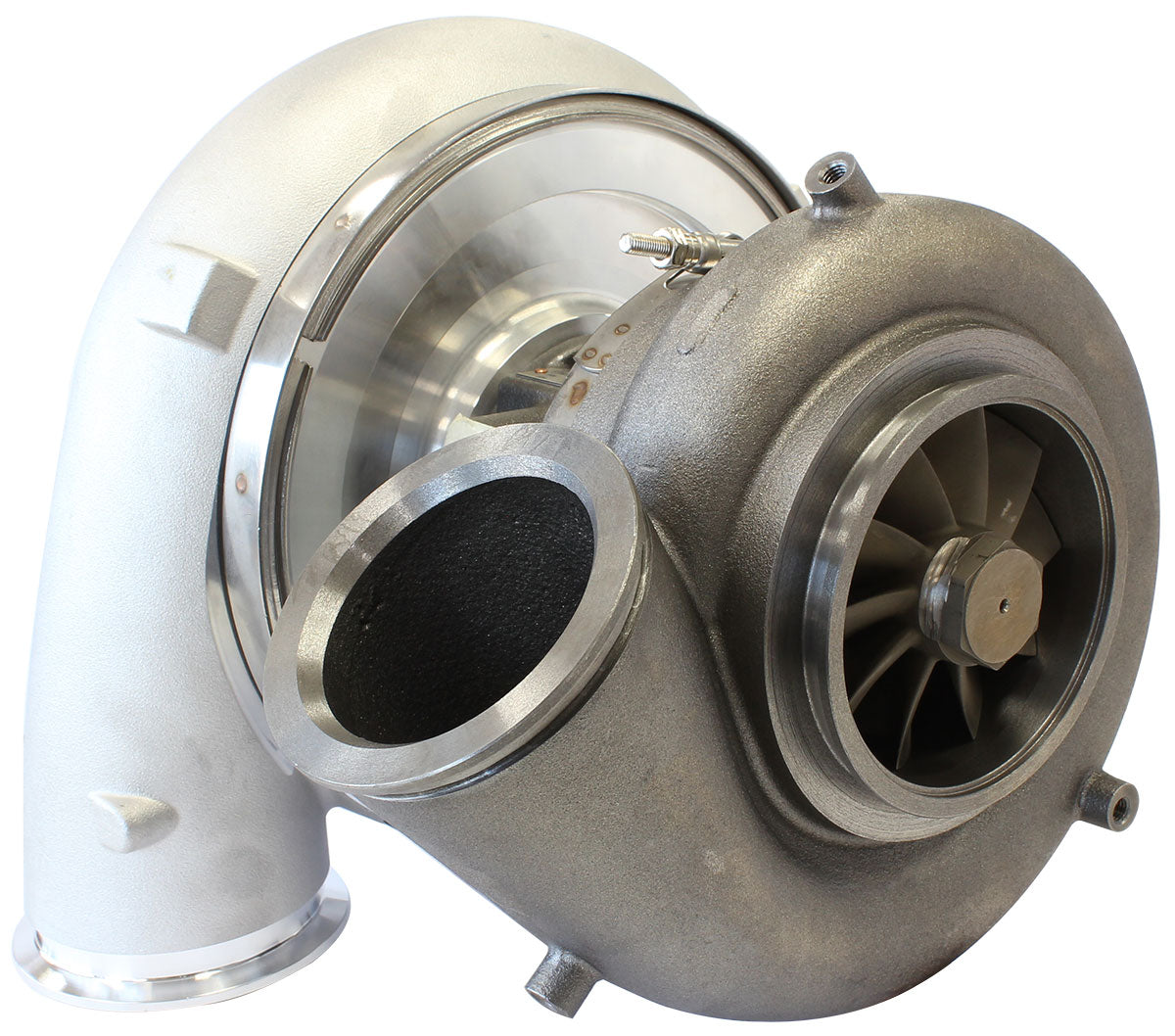 BOOSTED 98102 V-Band 1.22 Turbocharger 2500HP, Natural Cast Finish   External Wastegate, V-Band Inlet & Exhaust Flanges