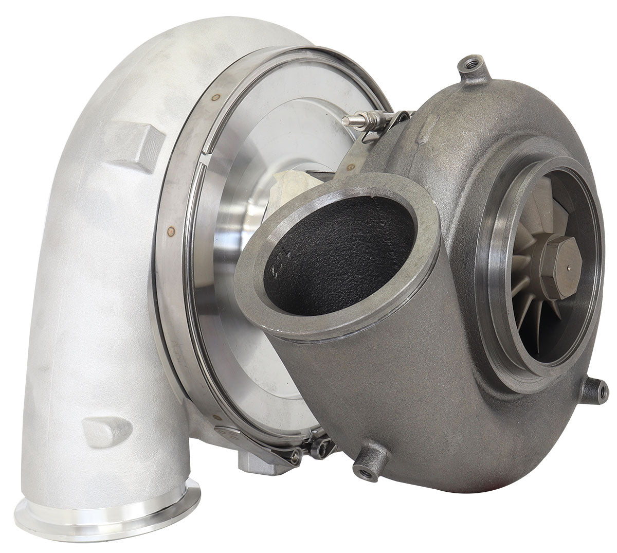 BOOSTED 102102 V-Band 1.22 Turbocharger 2500HP, Natural Cast Finish   External Wastegate, V-Band Inlet & Exhaust Flanges
