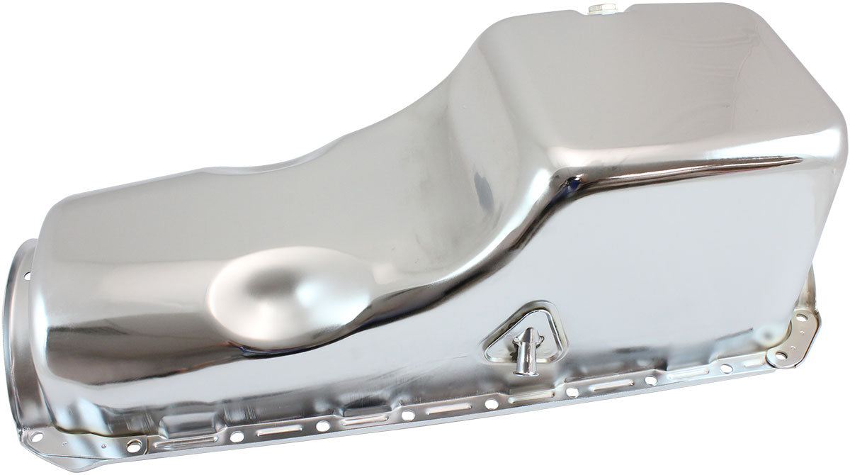 Big Block Chevrolet Right Hand Dipstick Standard Replacement Oil Pan, Chrome Finish  Suit 2-Piece Rear Main Seal, 5.0L Capacity