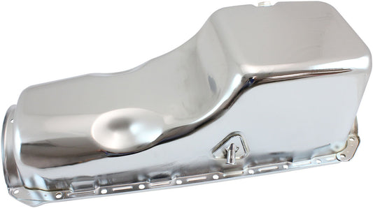 Big Block Chevrolet Right Hand Dipstick Standard Replacement Oil Pan, Chrome Finish  Suit 2-Piece Rear Main Seal, 5.0L Capacity