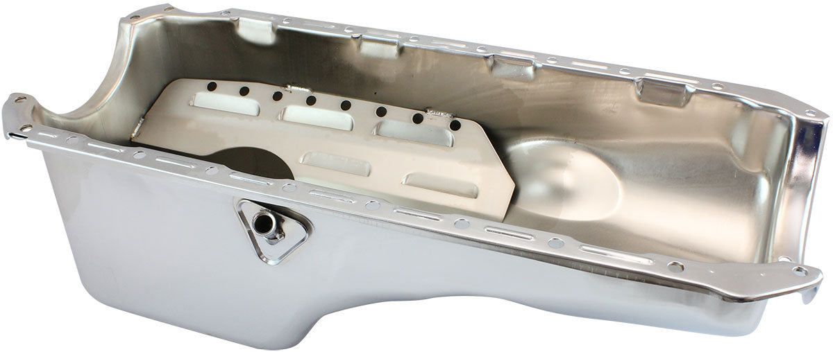 Big Block Chevrolet Right Hand Dipstick Standard Replacement Oil Pan, Chrome Finish  Suit 2-Piece Rear Main Seal, 5.0L Capacity