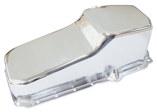 Chevrolet Late 1986 OnStandard Replacement Oil Pan, Chrome Finish   Suit Small Block Chev Late 1986 On Right Hand Dipstick with 1-Piece Rear Main Seal, 5.0L Capacity