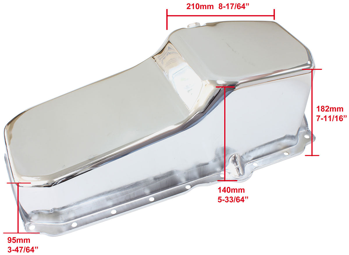 Chevrolet Late 1986 OnStandard Replacement Oil Pan, Chrome Finish   Suit Small Block Chev Late 1986 On Right Hand Dipstick with 1-Piece Rear Main Seal, 5.0L Capacity