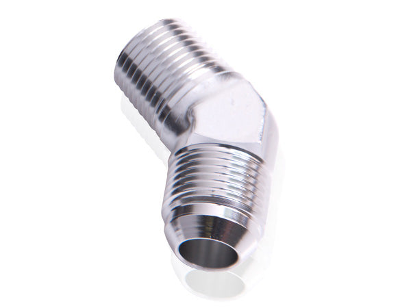45° NPT to Male Flare Adapter 1/2" to -8AN   Silver Finish