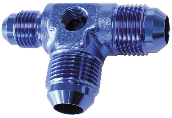 Flare AN Stepped Tee with 1/8" NPT Ports   -8AN x 2, -6AN x 1, Blue Finish