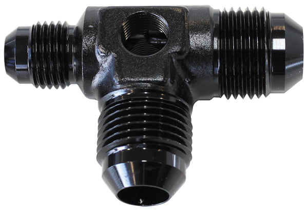 Flare AN Stepped Tee with 1/8" NPT Ports   -8AN x 2, -6AN x 1, Black Finish