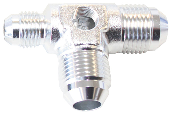 Flare AN Stepped Tee with 1/8" NPT Ports   -8AN x 2, -6AN x 1, Silver Finish