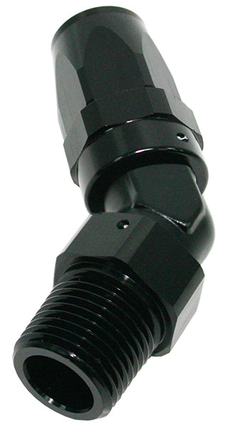 Male NPT Taper Swivel 45° Hose End 1/4" to -6AN   Black Finish. Suit 100 & 450 Series Hose