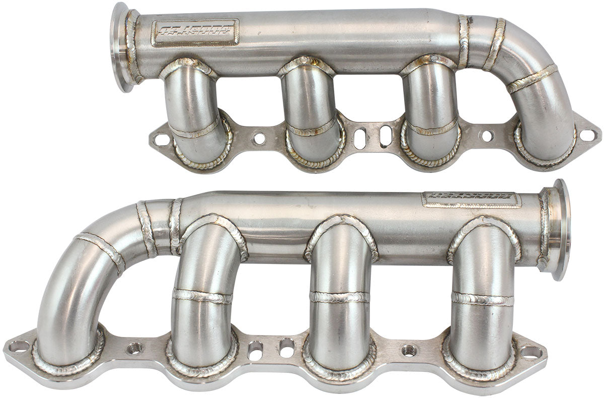 Aeroflow GM LS Twin Turbo Stainless Steel Turbo Manifolds   Forward Facing 2.5" V-Bands, Sold As a Pair