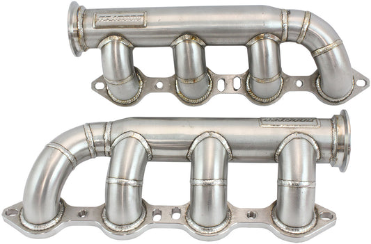 Aeroflow GM LS Twin Turbo Stainless Steel Turbo Manifolds   Forward Facing 2.5" V-Bands, Sold As a Pair