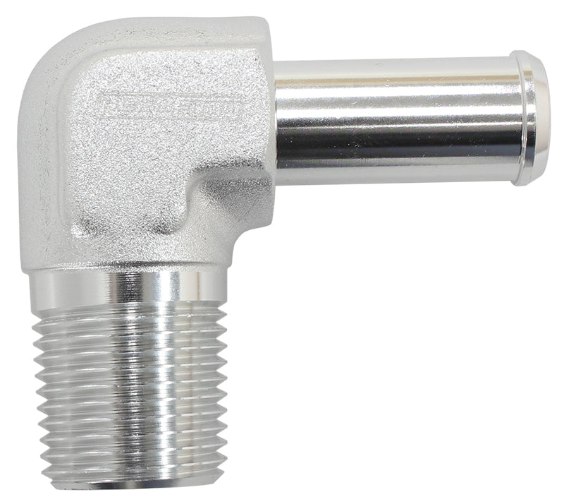 Male NPT to 90 Deg AN Hose Barb   1/8" NPT to -4 100/450 series Hose, Silver Finish