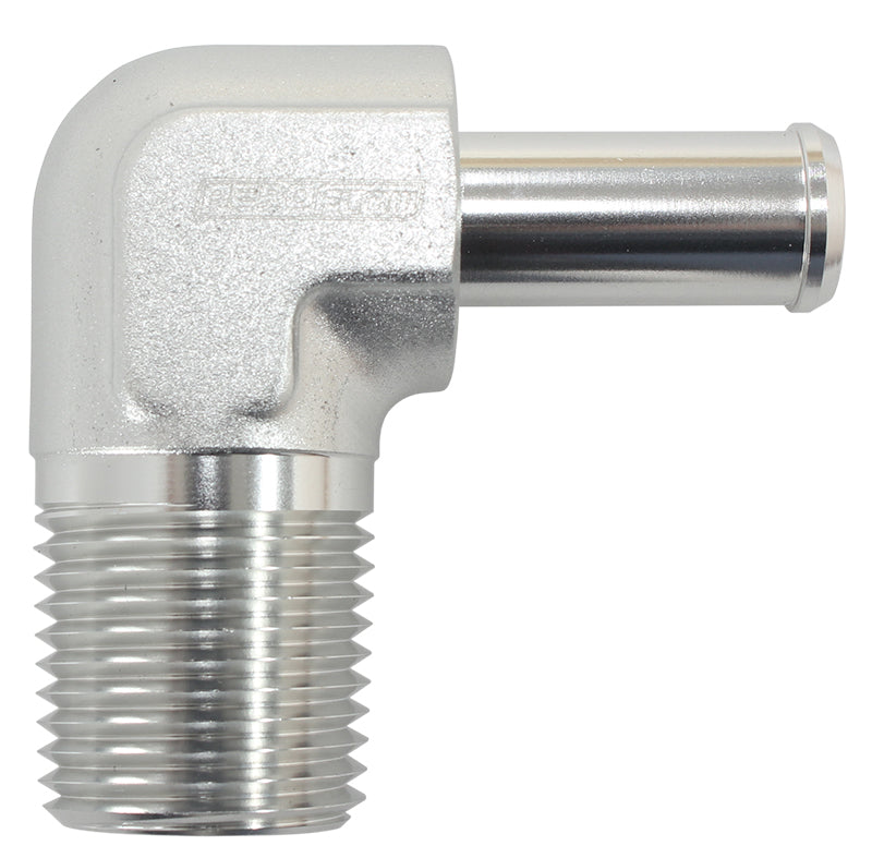Male NPT to 90 Deg AN Hose Barb  3/8" NPT to -6 100/450 series Hose, Silver Finish