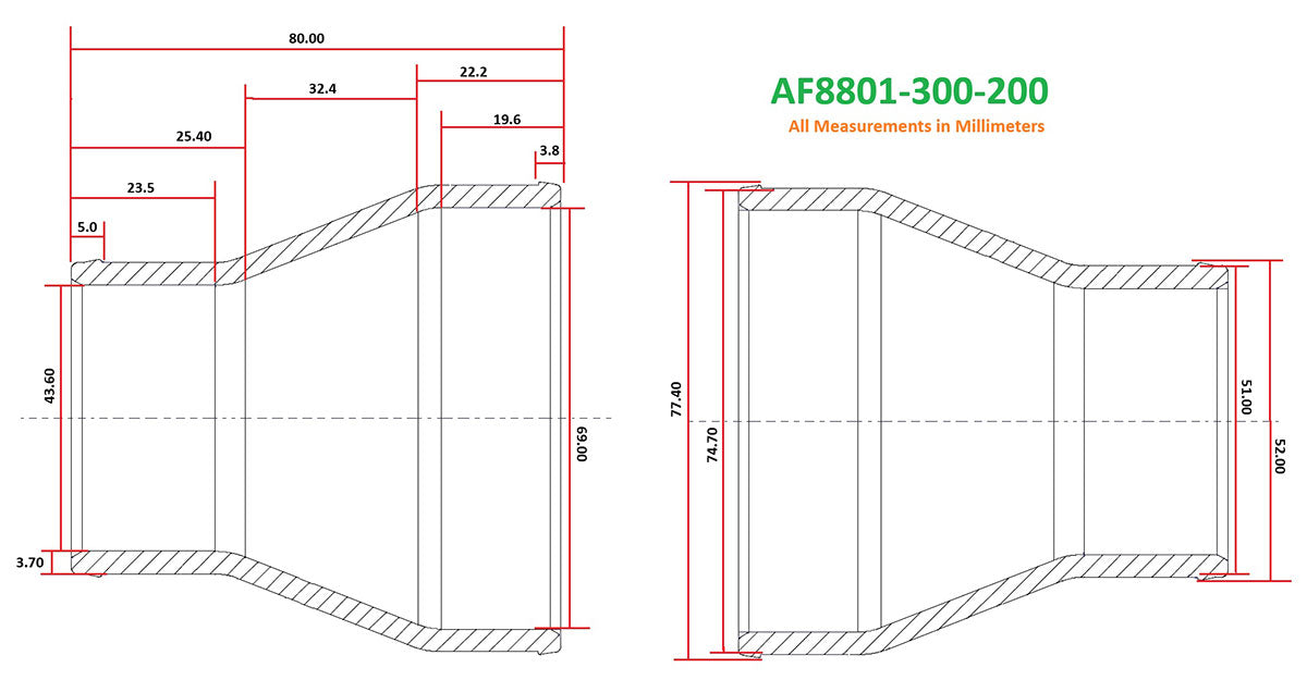 Straight Reducer Cast Pipe, Natural Finish  3" (76mm) to 2" (51mm) Outside Diameter