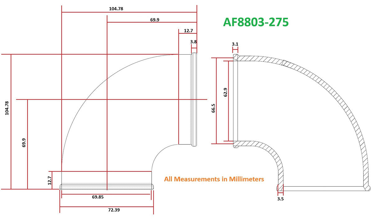 Tight Radius Cast 90 Degree Elbow - Natural Finish  2-3/4" (70mm) Outside Diameter