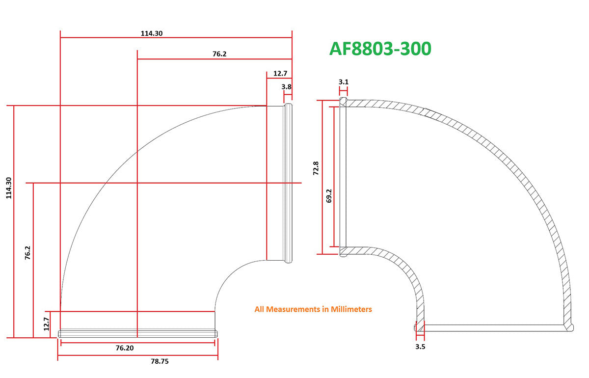 Tight Radius Cast 90 Degree Elbow - Natural Finish  3" (76mm) Outside Diameter