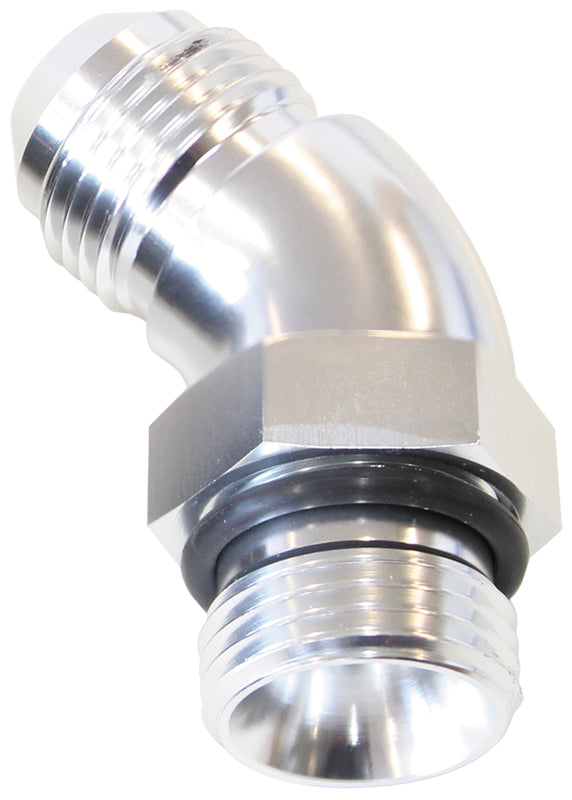 45° ORB to Male AN Full Flow Adapter -20 ORB to -20AN   With Jam Nut, Silver Finish