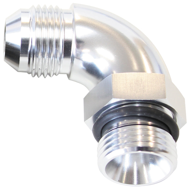 90° ORB to Male AN Full Flow Adapter -3 ORB to -3AN   With Jam Nut, Silver Finish