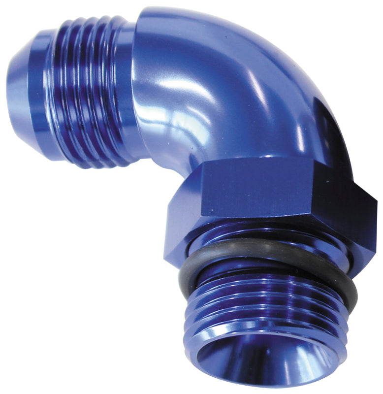 90° ORB to Male AN Full Flow Adapter -4 ORB to -6AN   With Jam Nut, Blue Finish