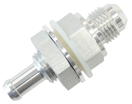 Fuel Cell Bulkhead Fitting -6AN to 5/16" Barb   Silver Finish