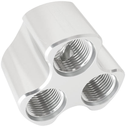 Aeroflow 4 Port Inline Distribution Block - Silver Finish  3 x -8 ORB Ports, 1 x -10 ORB Port