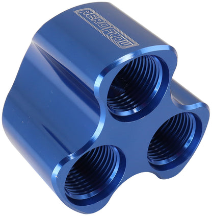 Aeroflow 4 Port Inline Distribution Block - Blue Finish  3 x -8 ORB Ports, 1 x -10 ORB Port