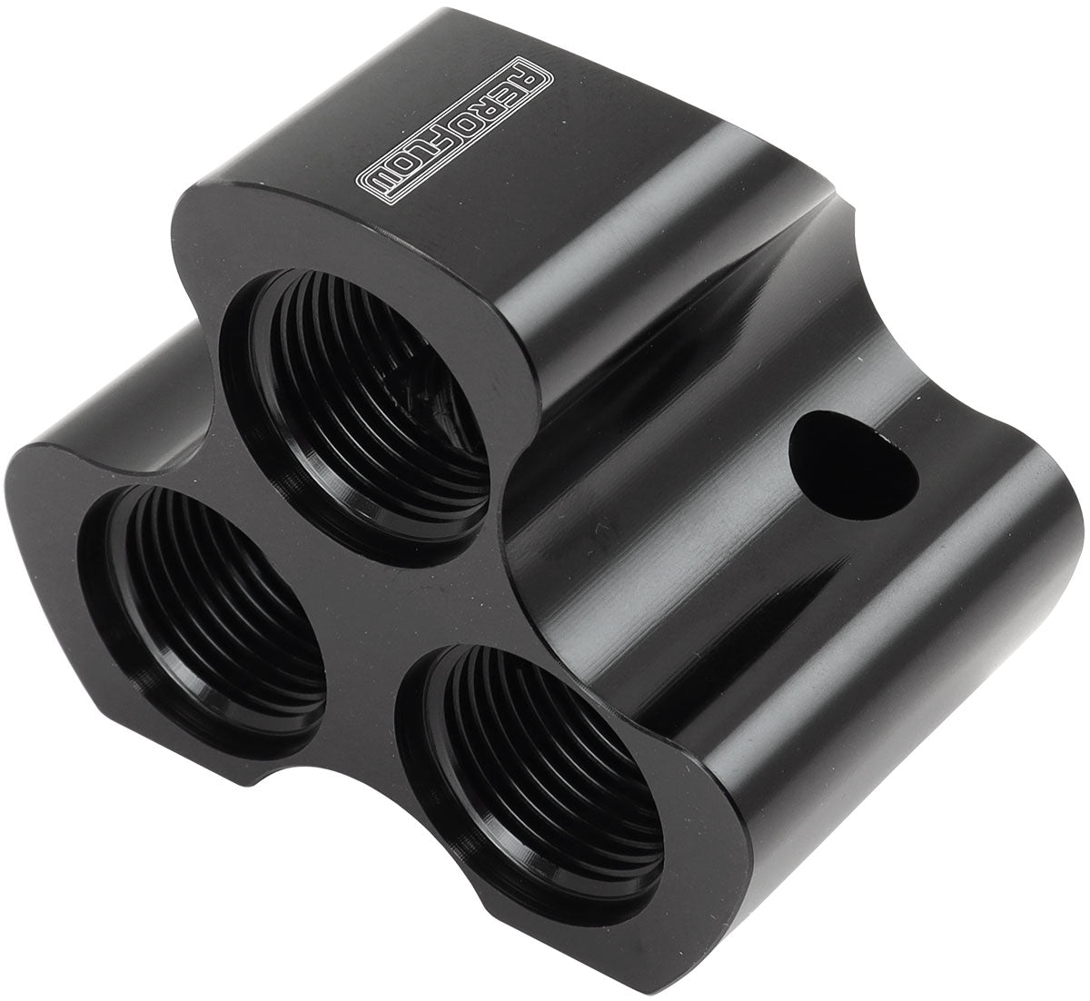 Aeroflow 4 Port Inline Distribution Block - Black Finish  3 x -10 ORB Ports, 1 x -12 ORB Port