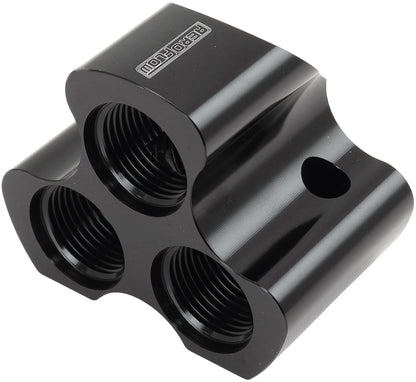 Aeroflow 4 Port Inline Distribution Block - Black Finish  3 x -10 ORB Ports, 1 x -12 ORB Port