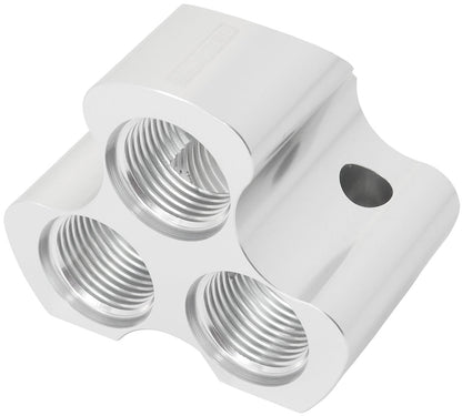 Aeroflow 4 Port Inline Distribution Block - Silver Finish  3 x -10 ORB Ports, 1 x -12 ORB Port