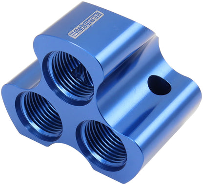 Aeroflow 4 Port Inline Distribution Block - Blue Finish  3 x -10 ORB Ports, 1 x -12 ORB Port
