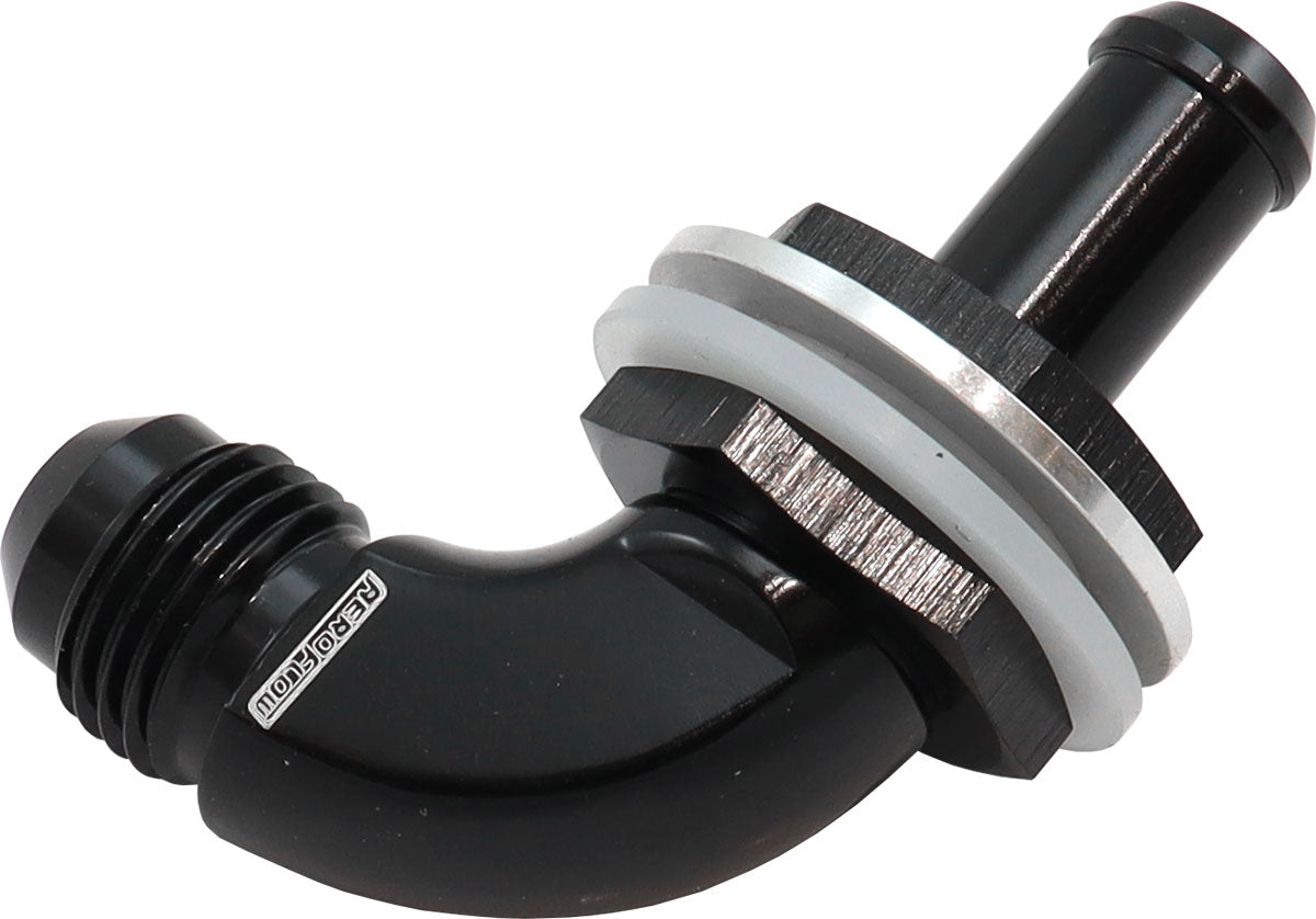 Aeroflow 90 Degree Fuel Cell Bulkhead -6AN to 5/16" Barb   Black Finish