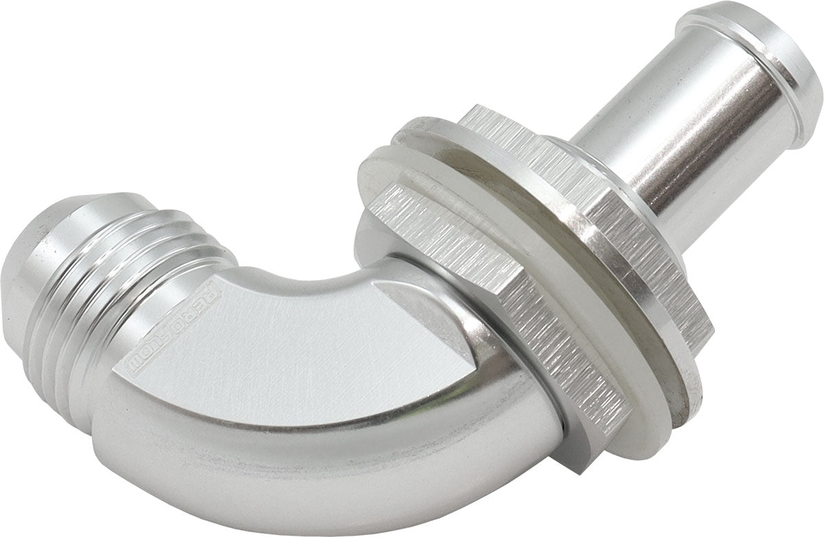 Aeroflow 90 Degree Fuel Cell Bulkhead -8AN to 1/2" Barb   Silver Finish