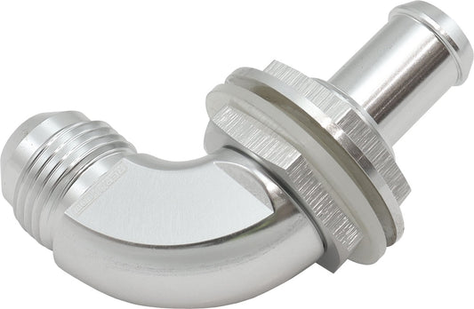 Aeroflow 90 Degree Fuel Cell Bulkhead -8AN to 1/2" Barb   Silver Finish