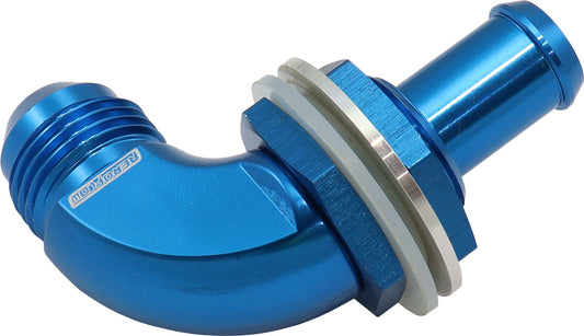 Aeroflow 90 Degree Fuel Cell Bulkhead -8AN to 1/2" Barb   Blue Finish